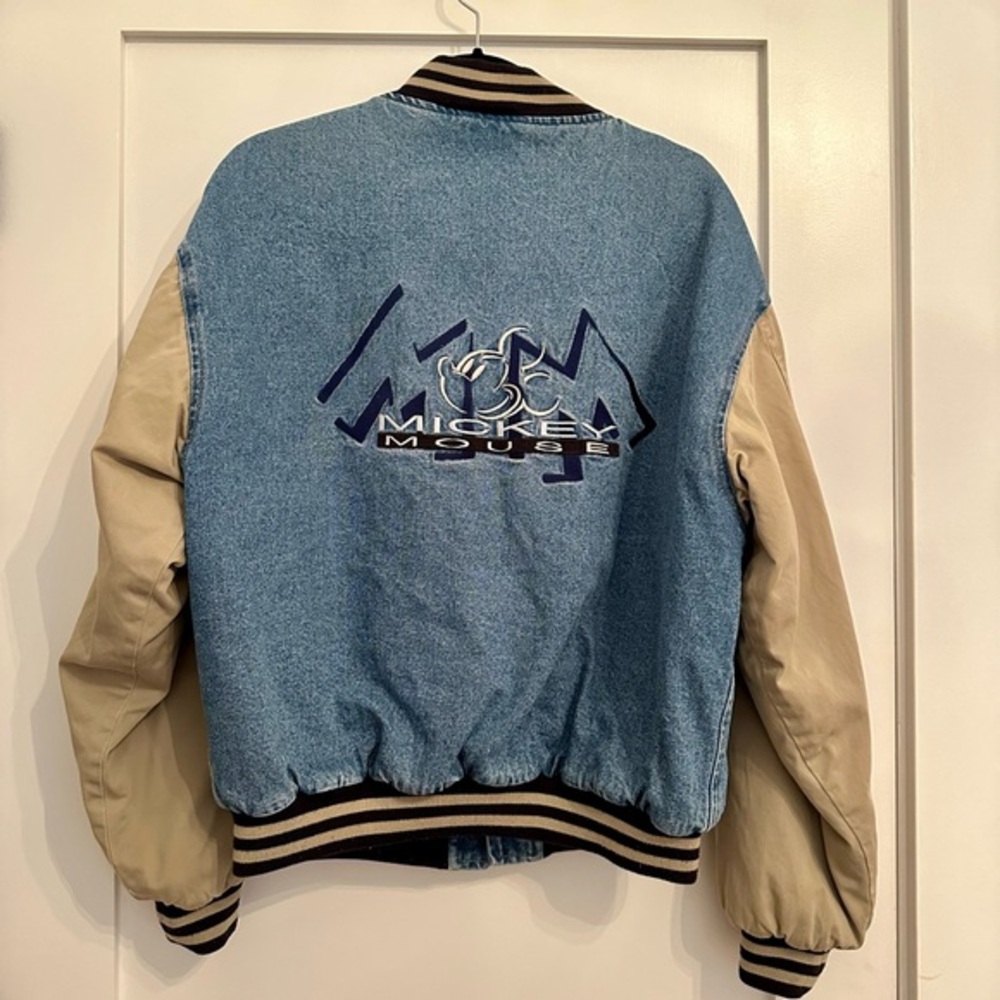 Rare Vintage Mickey Mouse Disney Varsity Denim Bomber Jacket 90s Disney Sz L